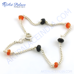 Load image into Gallery viewer, Sterling silver anklet with orange and black gemstone beads on a white background