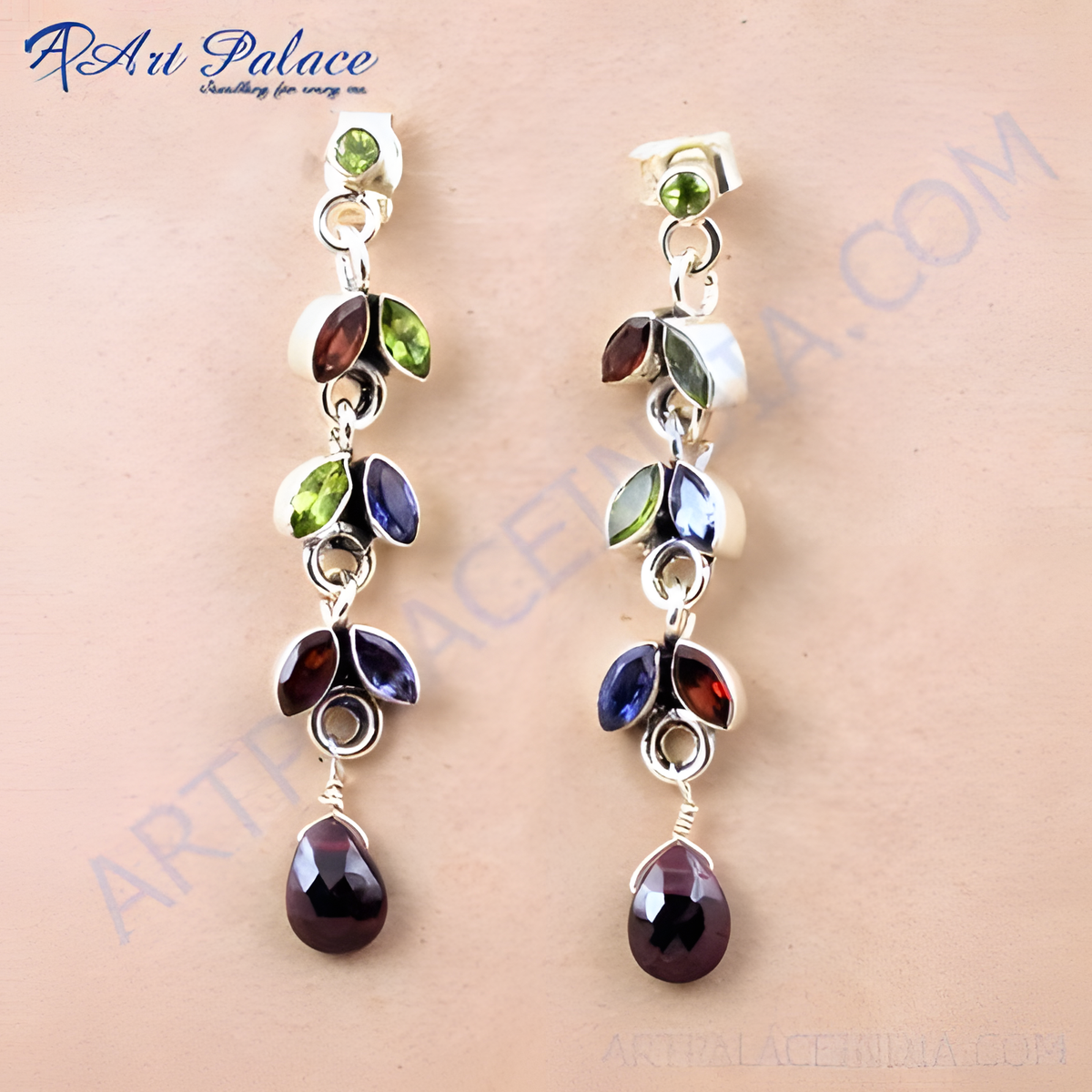 Sterling silver drop earrings featuring peridot, garnet and blue gemstones, perfect for any occasion