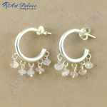 Load image into Gallery viewer, 925 sterling silver hoop earrings with dangling rose quartz gemstones in light pink color.