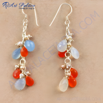 Load image into Gallery viewer, Sterling silver dangle earrings with blue chalcedony, orange carnelian, and pearl accents