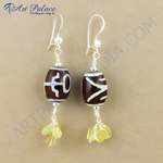 Load image into Gallery viewer, Silver Dzi bead dangle earrings with yellow gemstone accents, brown and white beads, and silver hooks