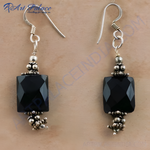 Load image into Gallery viewer, 925 sterling silver dangle earrings with rectangular black onyx gemstones.