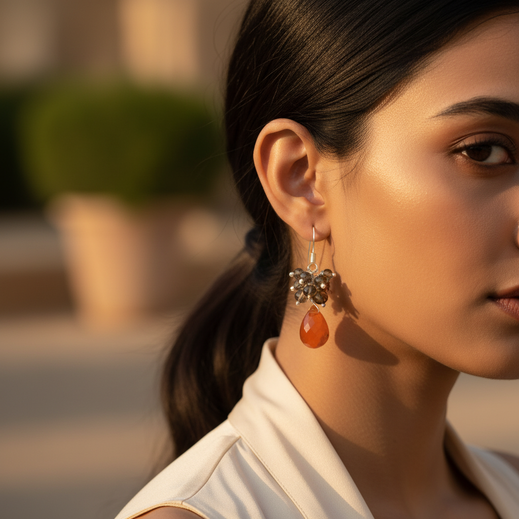 925 silver carnelian & smoky quartz earrings | for women