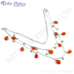 Load image into Gallery viewer, 925 sterling silver necklace featuring carnelian gemstones and small green beads.