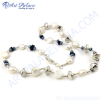 Load image into Gallery viewer, Elegant silver pearl necklace with blue stone accents, perfect for women. Features high-quality pearls and silver.