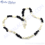 Load image into Gallery viewer, Sterling silver necklace with pearl and black stone beads, a stylish and elegant piece.