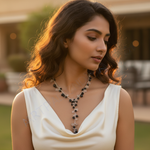 Load image into Gallery viewer, Silver Beaded Y Necklace with Black & Clear Gemstones for Women