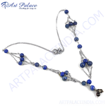 Load image into Gallery viewer, Sterling silver necklace with multiple strands and blue lapis lazuli beads, a beautiful piece of gemstone jewelry for women.