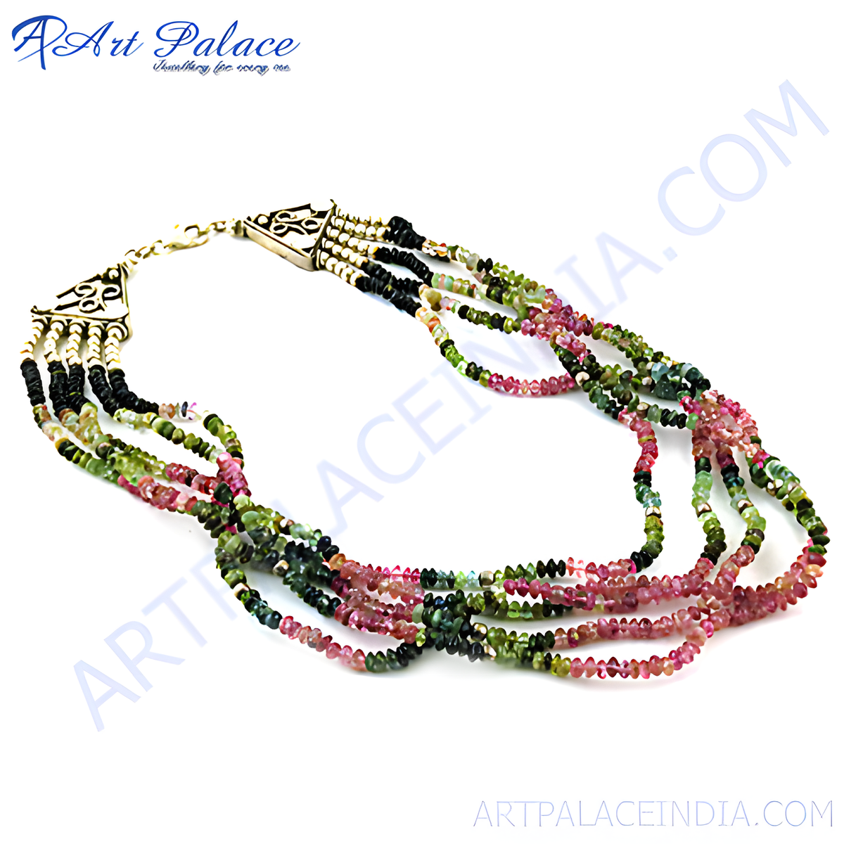 Multi strand tourmaline bead necklace in various colors with a gold clasp, gemstone jewelry