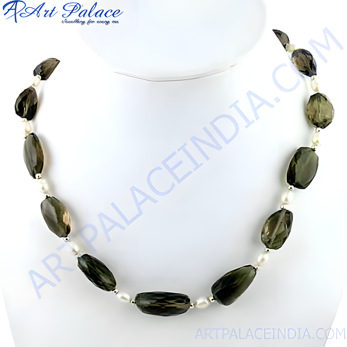 Smoky quartz and pearl beaded necklace on a white background