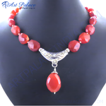 Load image into Gallery viewer, Red carnelian bead necklace with a silver pendant, perfect for any occasion.