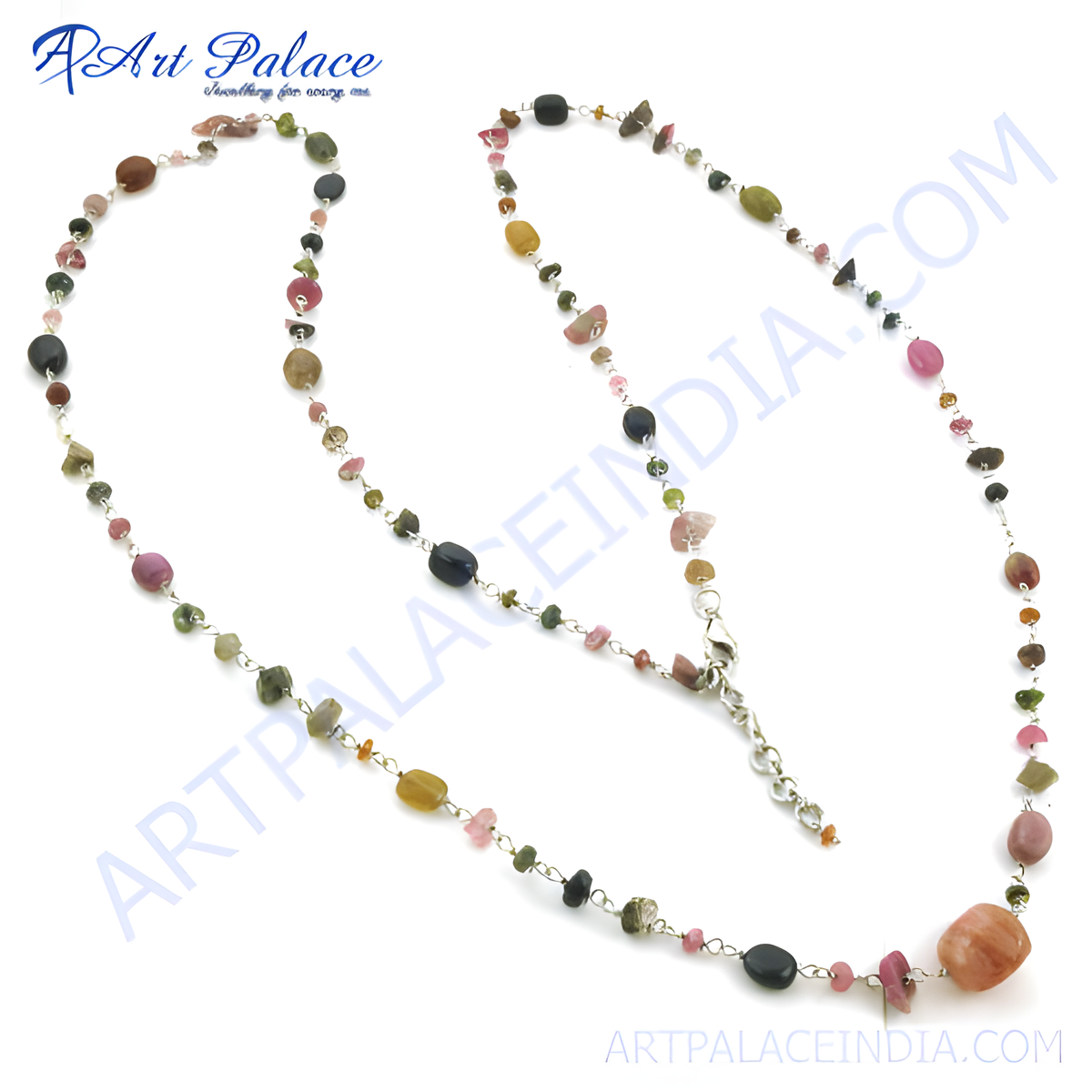 Multicolor tourmaline gemstone bead necklace strung on silver wire; a beautiful colorful necklace
