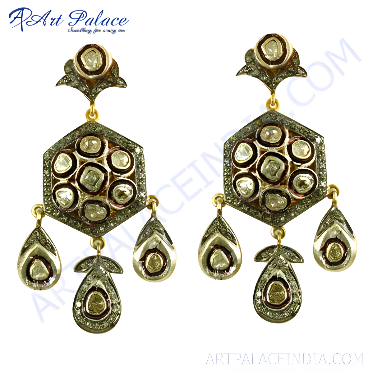 Vintage gold plated diamond dangle earrings with intricate design and detailed diamond clusters