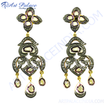 Load image into Gallery viewer, Antique diamond dangle earrings in gold plating and black, featuring unique gemstone accents and an elegant art deco design.