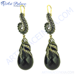 Load image into Gallery viewer, Black onyx drop earrings with a detailed design, showcasing the gemstone and the intricate metalwork.