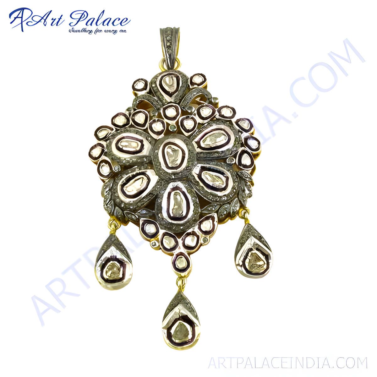 Vintage style diamond pendant featuring a flower like design with teardrop dangles, crafted in a silver tone metal