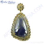Load image into Gallery viewer, Antique gold finish sapphire pendant necklace with intricate detailing, blue gemstone center.
