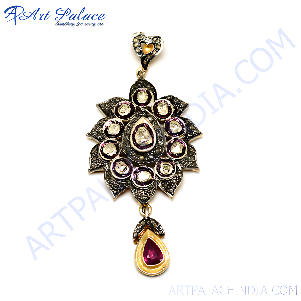Vintage gold pendant with a floral design, featuring a central ruby and surrounding diamonds