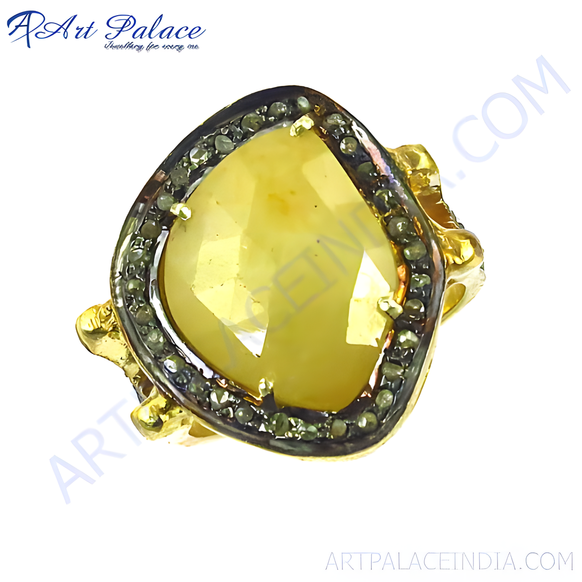 Gold ring with a large yellow sapphire center stone and diamond accents around the edge