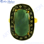 将图像加载到图库查看器中, gold plating finish ring featuring a large emerald gemstone surrounded by diamonds, a stunning piece of women's jewelry.