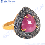 Load image into Gallery viewer, gold plating ruby and diamond ring featuring a pear-cut ruby with a halo of small diamonds, ideal for engagement.