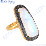Load image into Gallery viewer, gold plating-plated moonstone cocktail ring with black diamond accents, rectangular gemstone, elegant jewelry.