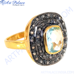 Load image into Gallery viewer, gold plating ring with a large square cut blue topaz gemstone surrounded by small accent stones, perfect for elegant wear.