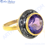 Load image into Gallery viewer, Oxidized silver ring with a large, round purple amethyst gemstone. gold plating accents.