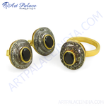 Load image into Gallery viewer, Gold ring and earrings set with black gemstone center, perfect for women