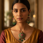 Load image into Gallery viewer, Emerald Ruby Pendant Earrings Set | Silver Dangle Set for Women