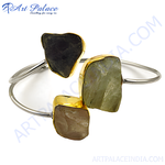 Load image into Gallery viewer, gold plating finish cuff bracelet with three raw gemstones, featuring a unique, modern design.