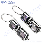 Load image into Gallery viewer, 925 sterling silver drop earrings with square cut amethyst gemstones, elegant purple dangle earrings