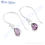 Load image into Gallery viewer, 925 sterling silver drop earrings with pear-shaped amethyst gemstones, purple color, dangle style