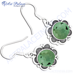 Load image into Gallery viewer, Sterling silver dangle earrings with round turquoise stones and a floral design, perfect for women.