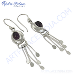 Load image into Gallery viewer, 925 sterling silver dangle earrings with oval purple amethyst gemstones and unique drop design.