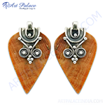 Load image into Gallery viewer, Silver dangle earrings with brown stone inlay and intricate silver detailing, perfect for women.