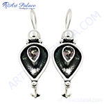 Load image into Gallery viewer, 925 sterling silver drop earrings with amethyst gemstone in the center, dangle design