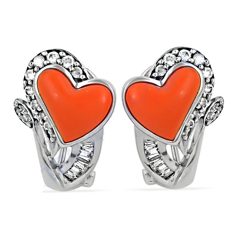 Lovable Heart Style Coral & CZ Gemstone Silver Earrings