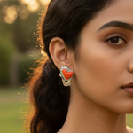 Load image into Gallery viewer, Silver Heart Earrings with Orange Enamel & Cubic Zirconia