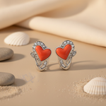Load image into Gallery viewer, Silver Heart Earrings with Orange Enamel & Cubic Zirconia