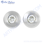Load image into Gallery viewer, Silver stud earrings with round white gemstones, showcasing a classic and elegant design.