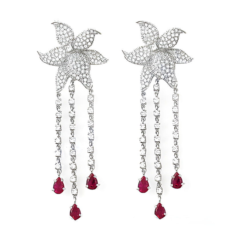 Rocking Flower Style Cubic Zirconia & Red Cubic Zirconia Gemstone Silver Earrings