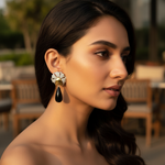 Load image into Gallery viewer, gold plating & Diamond Floral Drop Earrings | Black Onyx Gemstone Jewelry