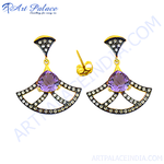 Load image into Gallery viewer, gold plating and amethyst fan-shaped dangle earrings with gemstone accents, perfect for women.
