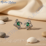 Load image into Gallery viewer, Emerald Stud Earrings in Silver | Gemstone Jewelry for Women