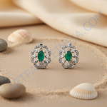 Load image into Gallery viewer, Emerald and Diamond Stud Earrings | Silver Floral Design for Women