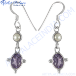Load image into Gallery viewer, 925 sterling silver drop earrings featuring amethyst gemstone and pearl accents.
