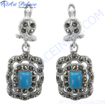 Load image into Gallery viewer, 925 sterling silver dangle earrings with turquoise gemstone and marcasite detailing