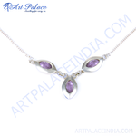 Load image into Gallery viewer, 925 sterling silver pendant necklace with marquise-cut purple amethyst gemstones