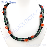 Load image into Gallery viewer, Green jade and carnelian beaded necklace on a white mannequin, featuring vibrant colors and natural gemstones.